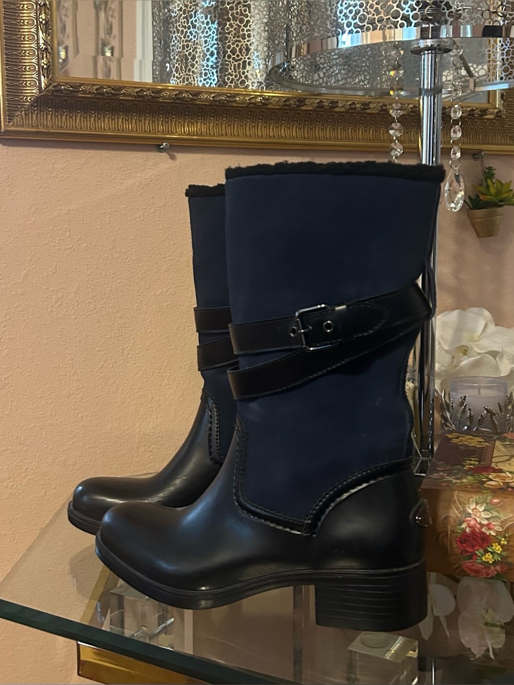 Coach Zena Navy Suede and Black Leather Mid-Calf Buckle Boots Size 8